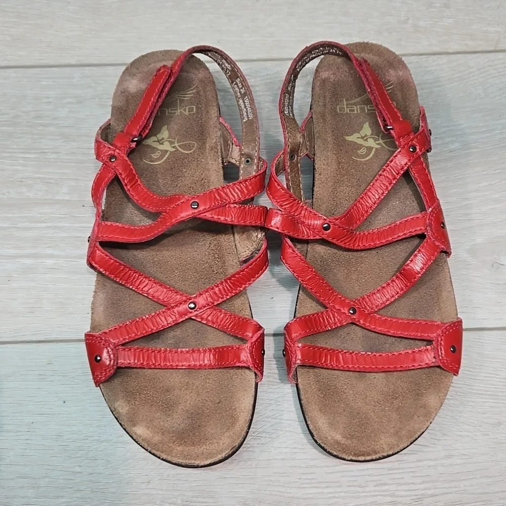 Dansko Women Jolie Red Strappy Leather Sandals Shoes Sz 36/6-6.5
